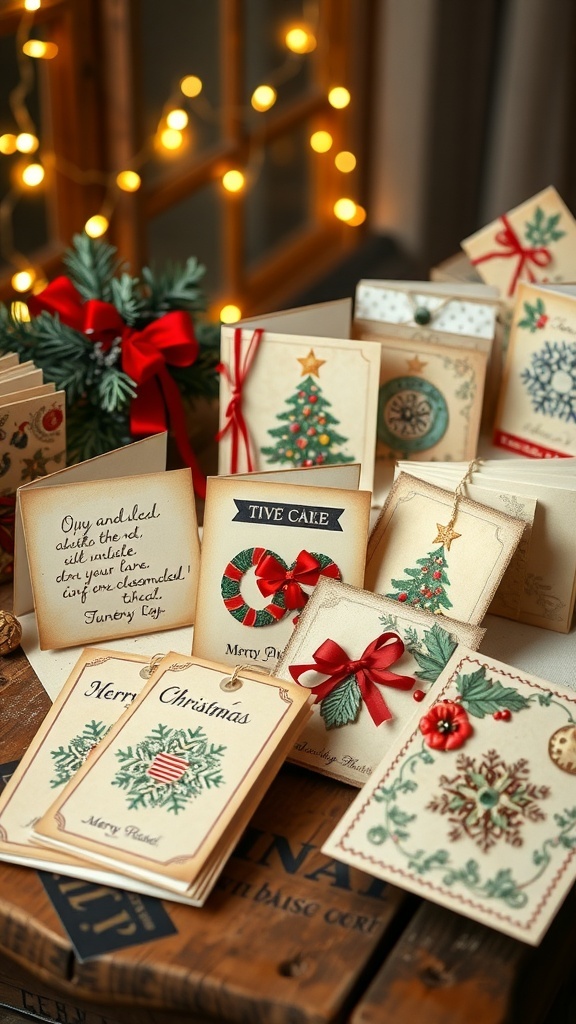 Handmade Vintage Christmas Cards A display of handmade vintage Christmas cards with festive designs on a rustic table.